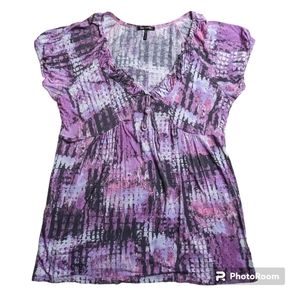 Daisy Fuentes Top Women's Sz Large Purple Black V-Neck Short Sleeve Shirt